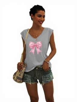 Outzidr - Grey Bow Print Cap Sleeve Graphic T-Shirt