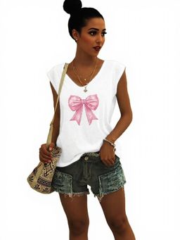 Outzidr - White Bow Print Cap Sleeve Graphic T-Shirt