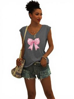 Outzidr - Charcoal Bow Print Cap Sleeve Graphic T-Shirt