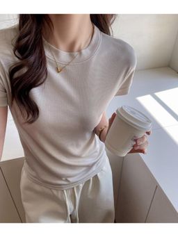 Outzidr - Cream Crew Neck Relaxed Fit T-Shirt