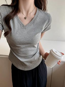 Outzidr - Grey V-Neck Relaxed Fit T-Shirt