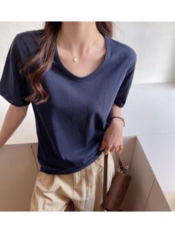 Outzidr - Navy Blue Relaxed Fit Solid T-Shirt