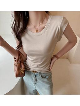 Outzidr - Cream Round Neck Solid T-Shirt