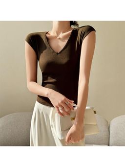 Outzidr - Brown V-Neck Cap Sleeves T-Shirt