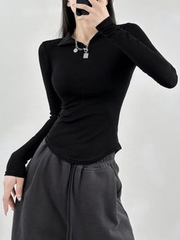 Outzidr - Black Front Zipper Full Sleeves T-Shirt