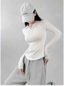 Outzidr - White Front Zipper Full Sleeves T-Shirt