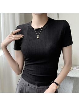 Outzidr - Black Round Neck Ribbed T-Shirt