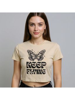 Outzidr - Beige Crew Neck Graphic T-Shirt