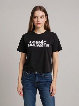 Outzidr - Crew Neck Black Typography T-Shirt