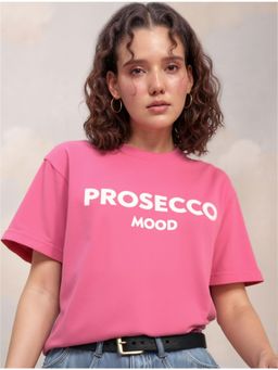 Outzidr - Pink Crew Neck Typography T-Shirt