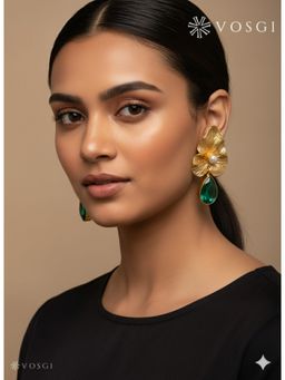 Vosgi - Green Gold Toned Leaf Earrings