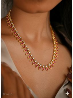 Vosgi - Pink Green Stoned Long Haaram Necklace