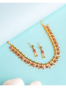 Vosgi - Multi-Color Regal Gold-Plated Emerald And Floral Pave Necklace And Earrings