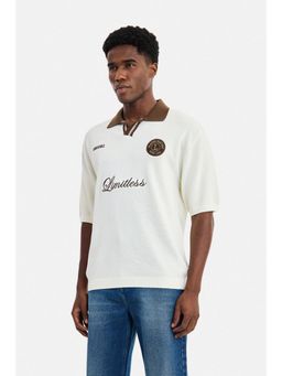 Snitch - Off-White Embroidery Half Sleeves Oversized Casual Polo T-Shirt