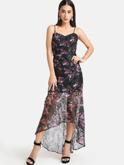 Kazo - Black Floral Printed Lace High Low Dress