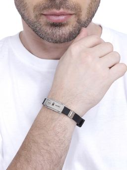 Yellow Chimes - Men Silver-Toned and Black Wraparound Bracelet