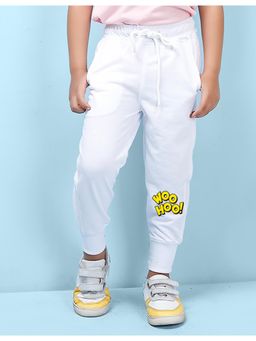 Nusyl - White Woo Hoo Text Printed Cotton Blend Straight Fit Joggers