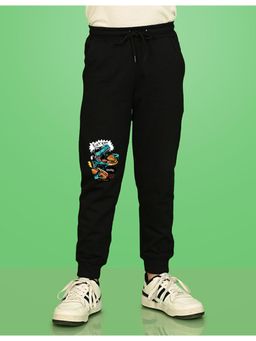 Nusyl - Black Dinosaur and Text Printed Cotton Joggers for Boys