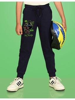 Nusyl - Navy Blue Skateboard and Text Printed Cotton Joggers for Boys