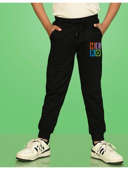 Nusyl - Black Hero Text Printed Cotton Joggers for Boys