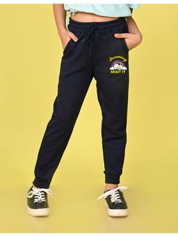Nusyl - Girls Navy Blue Dreaming About It Text Printed Straight Fit Joggers