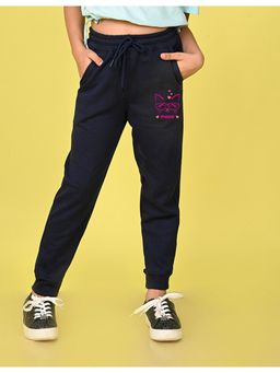 Nusyl - Girls Navy Blue Meow Text Printed Straight Fit Joggers