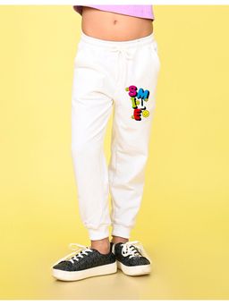 Nusyl - Girls White Smile Text Printed Straight Fit Joggers