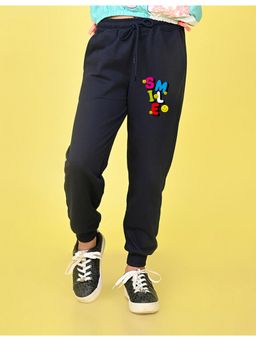 Nusyl - Girls Navy Blue Smile Text Printed Straight Fit Joggers