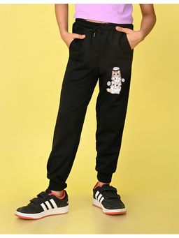 Nusyl - Girls Black Cute Cats Printed Straight Fit Joggers