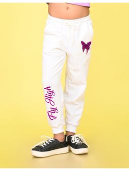 Nusyl - Girls White Butterfly Printed Straight Fit Joggers