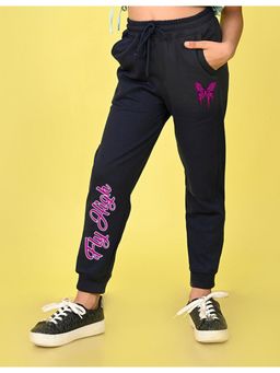 Nusyl - Girls Navy Blue Butterfly Printed Straight Fit Joggers