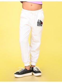 Nusyl - Girls White Lazy But Crazy Text Printed Straight Fit Joggers