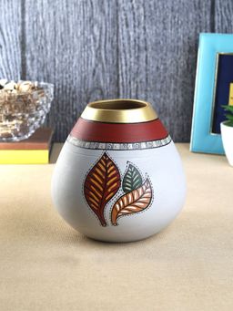 VarEesha - White Leaf Terracotta Drop Shape Vase