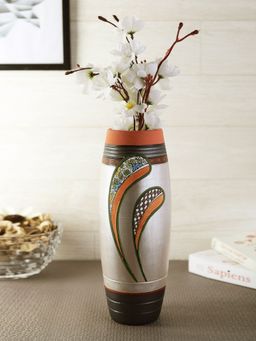 VarEesha - Spring Flowers Terracotta Open Vase with Peach Border