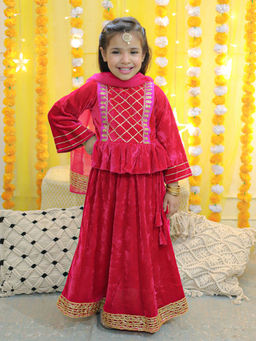 BownBee - Girls Velvet Full Sleeve Lehenga Choli With Dupatta - Pink (Set of 3)