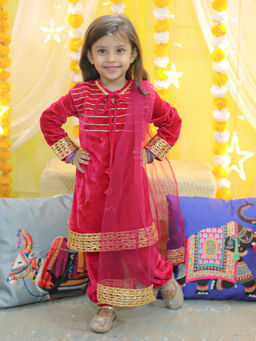BownBee - Ethnic Velvet Full Sleeve Kurta with Harem & Dupatta for Girls- Pink (Set of 3)