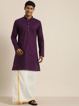 Vastramay - Mens Purple & White Cotton Blend Kurta with Mundu (Set of 2)