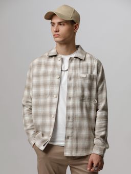 The Bear House - Ardor Edition Men Beige Checked Slim Fit Cotton Casual Shacket