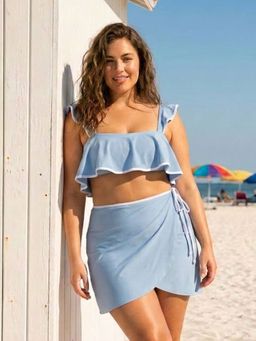 Addery - Blue Ruffle Bikini with Sarong Skirt