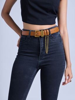 Twenty Dresses by Nykaa Fashion - Tan Solid Waist Belt With Chain Drop