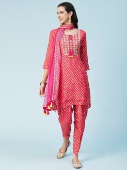 FASHOR - Leheriya Printed, Embroidered Straight Kurta with Dhoti and Dupatta - Pink (Set of 3)