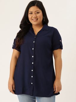 theRebelinme - Plus Size Women Navy Blue Solid Color Casual Collar Shirt