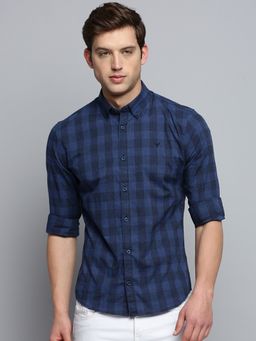 SHOWOFF - Mens Spread Collar Checked Navy Blue Classic Shirt