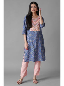 Aurelia - Blue Embroidered Mughal Print Panelled Kurta Trousers (Set of 2)