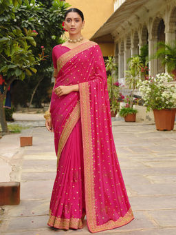 Odette - Pink Vichitra Embroidered Saree with Unstitched Blouse