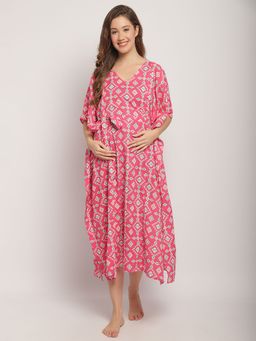 Secret Wish - Womens Pink Maternity Print Kaftan Night Dress (Set of 2)
