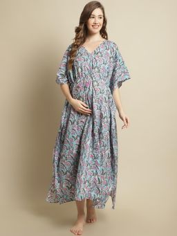 Secret Wish - Womens Sky Blue Floral Maternity Cotton Kaftan Nightdress