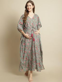 Secret Wish - Womens Green Floral Cotton Maternity Kaftan Nightdress