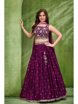 Lagorii - Wine Silk Blend Sleeveless Regular Choli With Lehenga & Dupatta