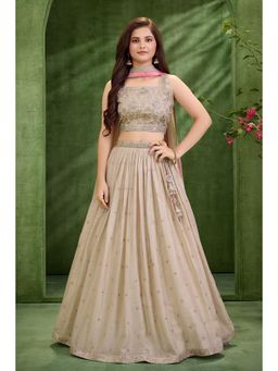 Lagorii - Cream Silk Blend Sleeveless Regular Choli With Lehenga & Dupatta
